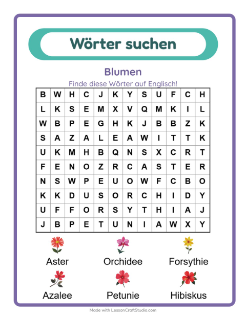 Vorschau: Englisch lernen: Blumen – Wortsuche für Kinder