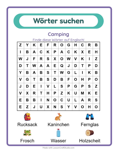 Englische Wortsuche – Camping
