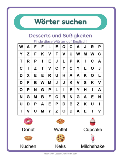 Englische Wortsuche – Desserts und Süßigkeiten