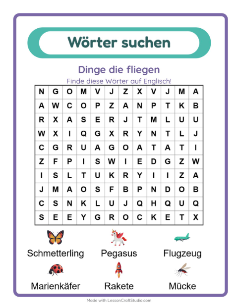 Englische Wortsuche – Dinge die fliegen