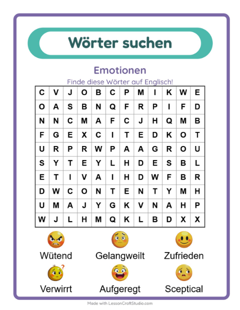 Englische Wortsuche – Emotionen