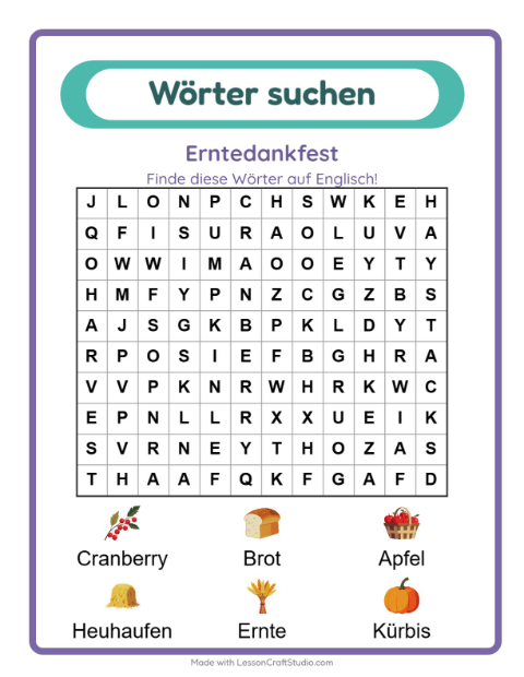 Vorschau: Englisch lernen: Erntedankfest – Wortsuche für Kinder