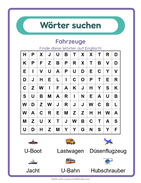 Englische Wortsuche – Fahrzeuge