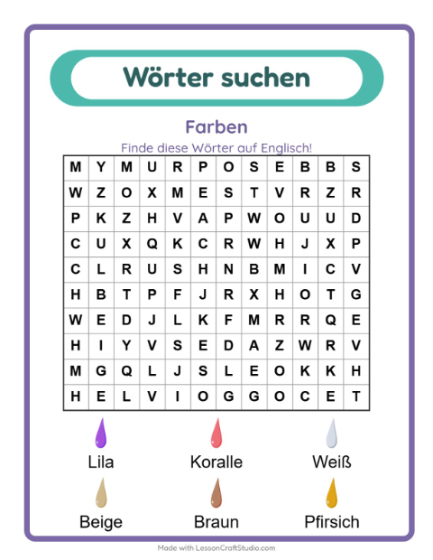 Vorschau: Englisch lernen: Farben – Wortsuche für Kinder