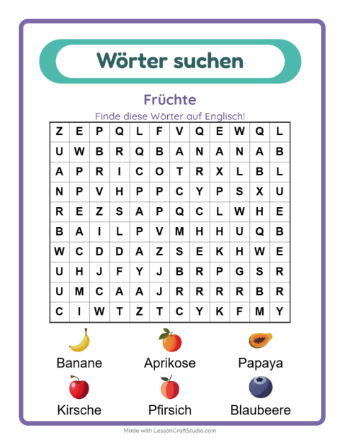 Englische Wortsuche – Früchte