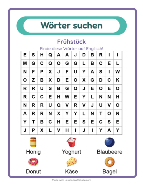 Englische Wortsuche – Frühstück