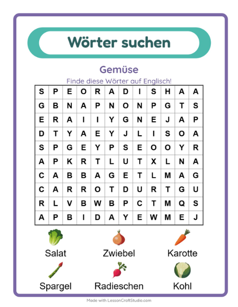 Englische Wortsuche – Gemüse