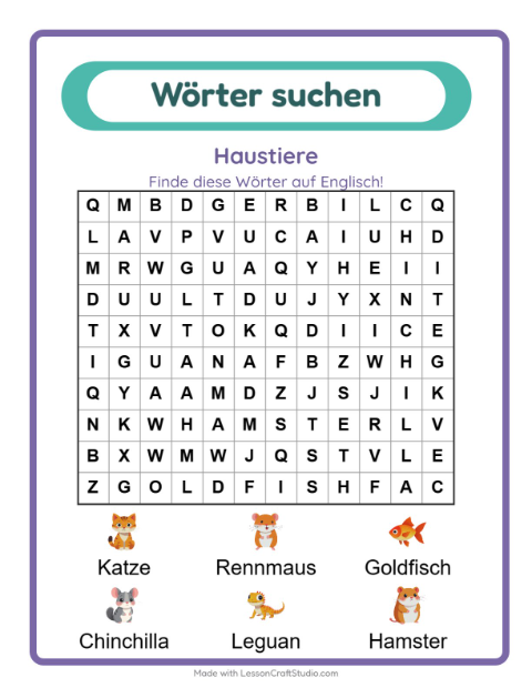 Englische Wortsuche – Haustiere