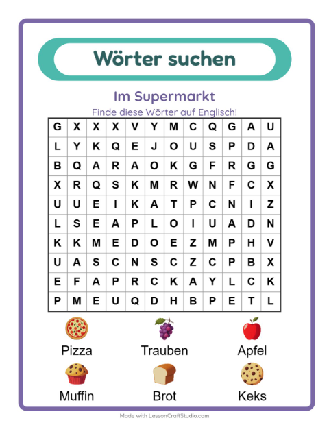 Englische Wortsuche – Im Supermarkt
