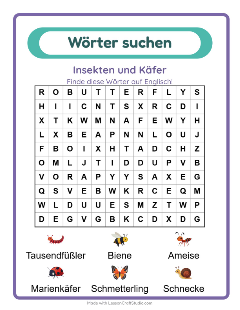 Englische Wortsuche – Insekten und Käfer