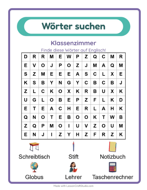 Englische Wortsuche – Klassenzimmer