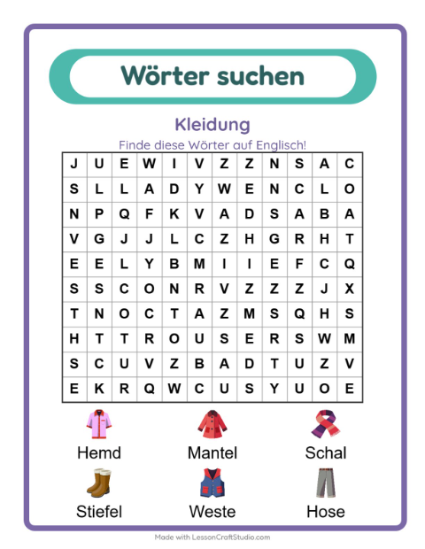 Vorschau: Englisch lernen: Kleidung – Wortsuche für Kinder