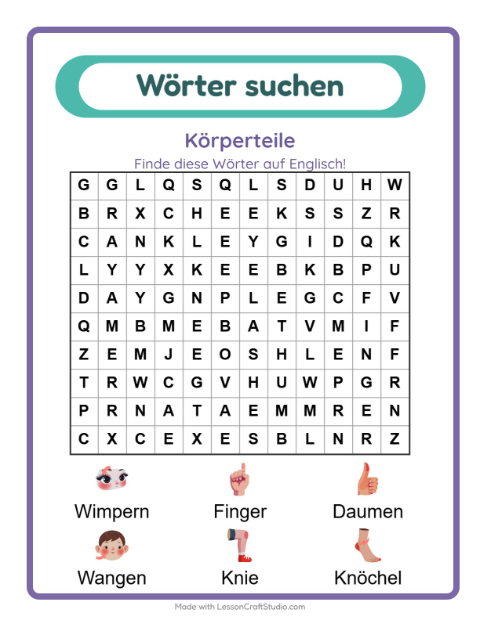 Englische Wortsuche – Körperteile