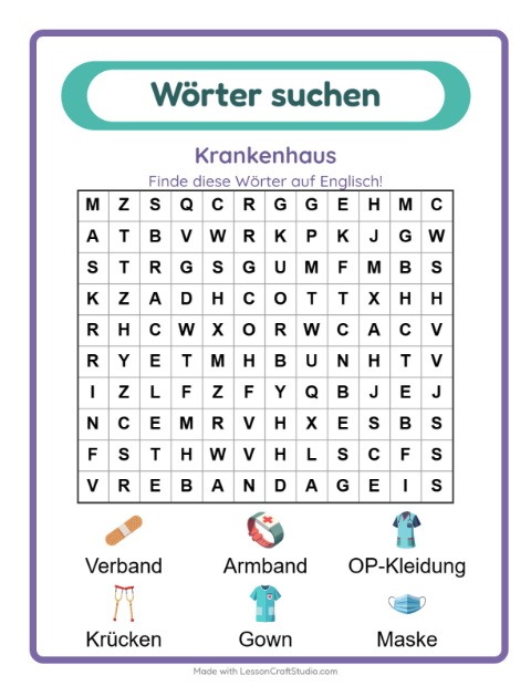 Englische Wortsuche – Krankenhaus