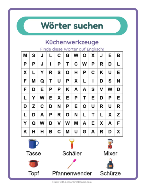 Englische Wortsuche – Küchenwerkzeuge