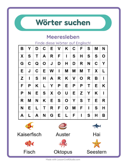 Englische Wortsuche – Meeresleben