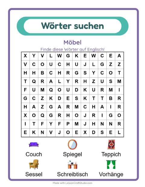 Vorschau: Englisch lernen: Möbel – Wortsuche für Kinder
