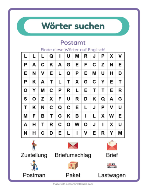 Englische Wortsuche – Postamt