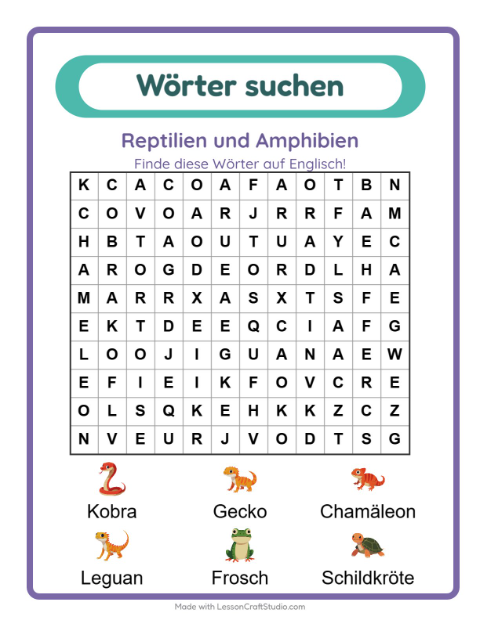Englische Wortsuche – Reptilien und Amphibien