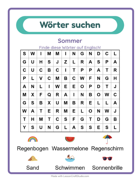 Englische Wortsuche – Sommer