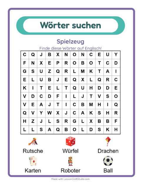 Englische Wortsuche – Spielzeug