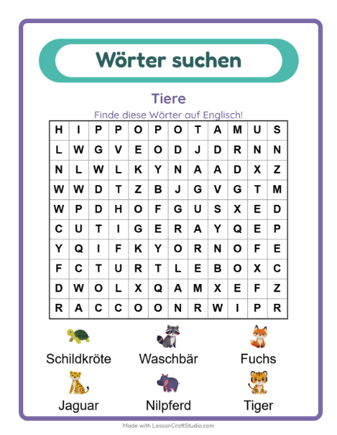 Englische Wortsuche – Tiere