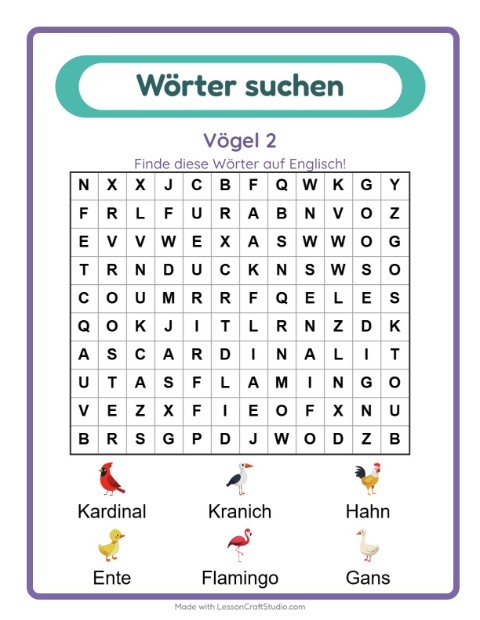 Englische Wortsuche – Vögel 2