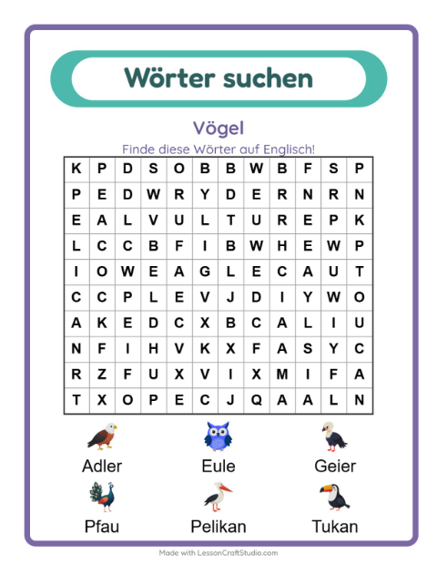 Vorschau: Englisch lernen: Vögel – Wortsuche für Kinder