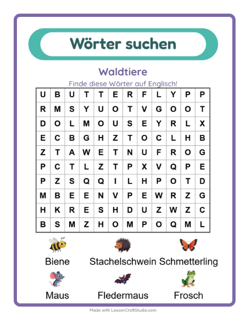 Englische Wortsuche – Waldtiere