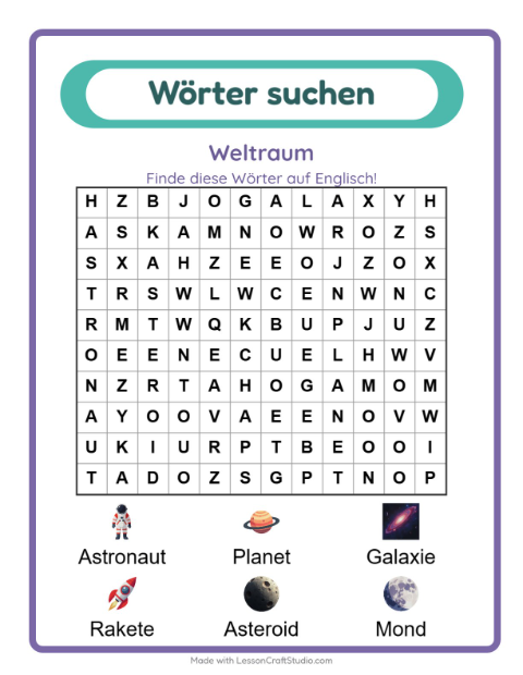 Englische Wortsuche – Weltraum