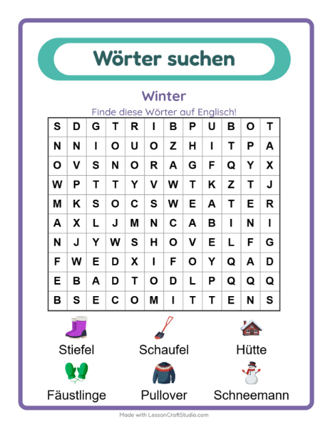 Englische Wortsuche – Winter