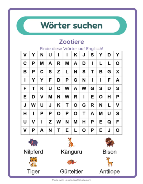 Englische Wortsuche – Zootiere