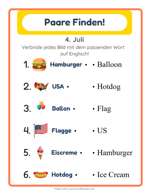 Vorschau: Englisch lernen: 4. Juli – Bild-Wort-Zuordnung für Kinder