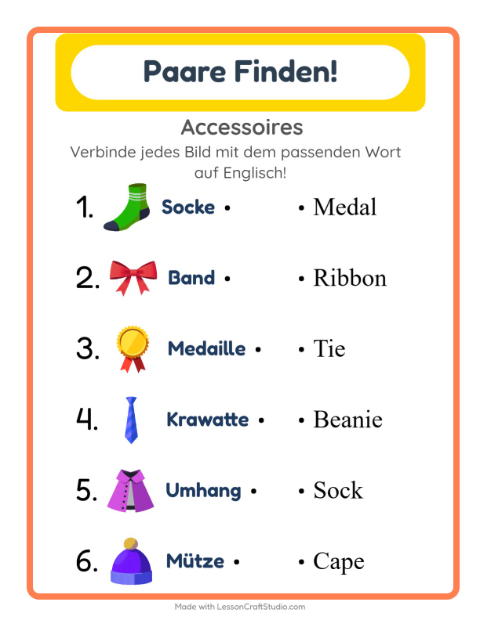 Englische Bild-Wort-Zuordnung – Accessoires