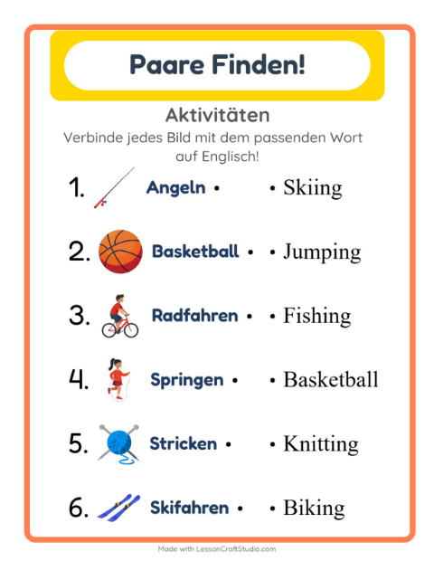 Englische Bild-Wort-Zuordnung – Aktivitäten