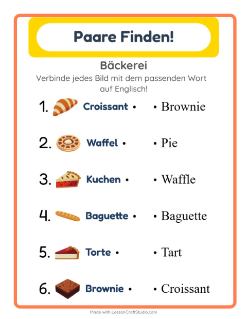 Englische Bild-Wort-Zuordnung – Bäckerei