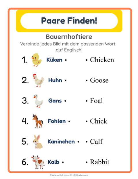 Englische Bild-Wort-Zuordnung – Bauernhoftiere