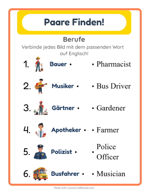 Englische Bild-Wort-Zuordnung – Berufe