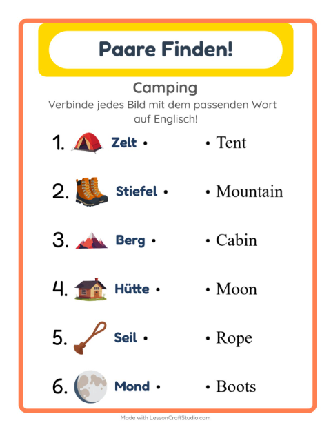 Englische Bild-Wort-Zuordnung – Camping