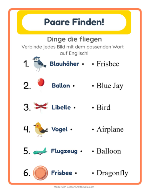 Englische Bild-Wort-Zuordnung – Dinge die fliegen