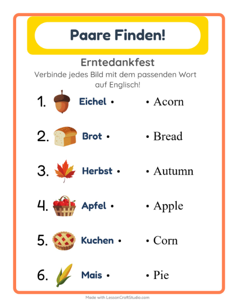Vorschau: Englisch lernen: Erntedankfest – Bild-Wort-Zuordnung für Kinder