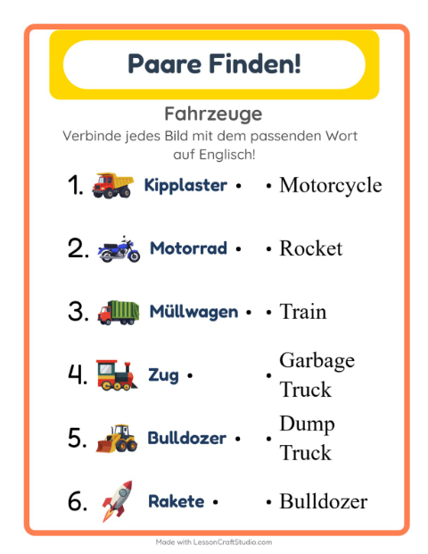Englische Bild-Wort-Zuordnung – Fahrzeuge