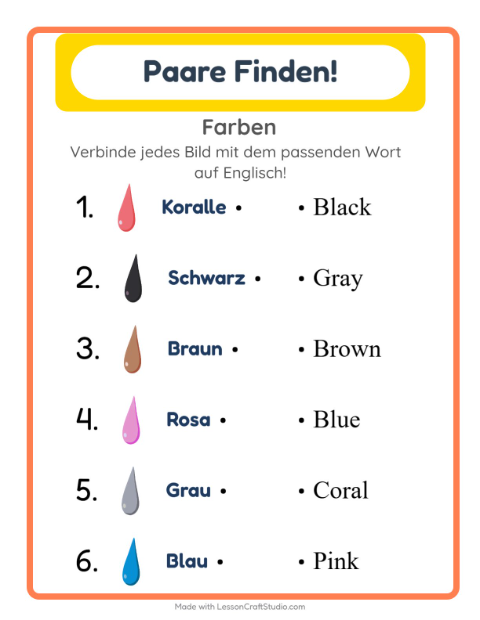 Englische Bild-Wort-Zuordnung – Farben