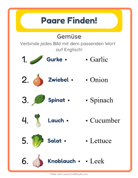 Englische Bild-Wort-Zuordnung – Gemüse