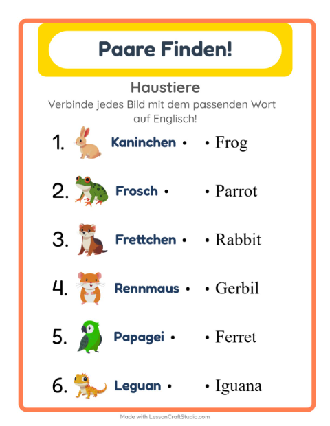 Englische Bild-Wort-Zuordnung – Haustiere