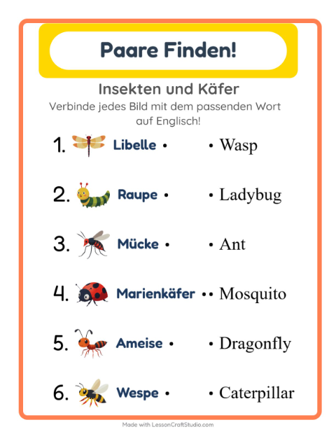 Englische Bild-Wort-Zuordnung – Insekten und Käfer