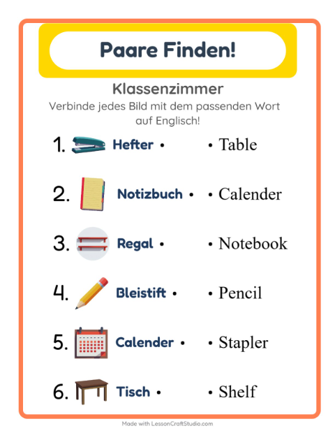 Englische Bild-Wort-Zuordnung – Klassenzimmer