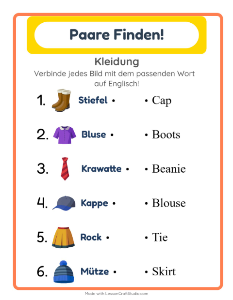 Englische Bild-Wort-Zuordnung – Kleidung