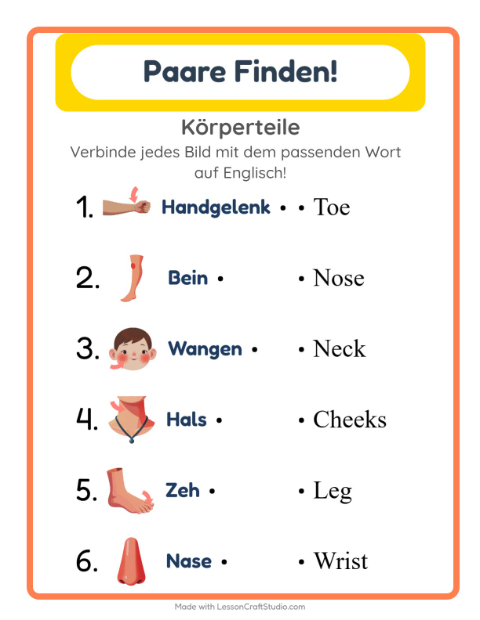 Vorschau: Englisch lernen: Körperteile – Bild-Wort-Zuordnung für Kinder