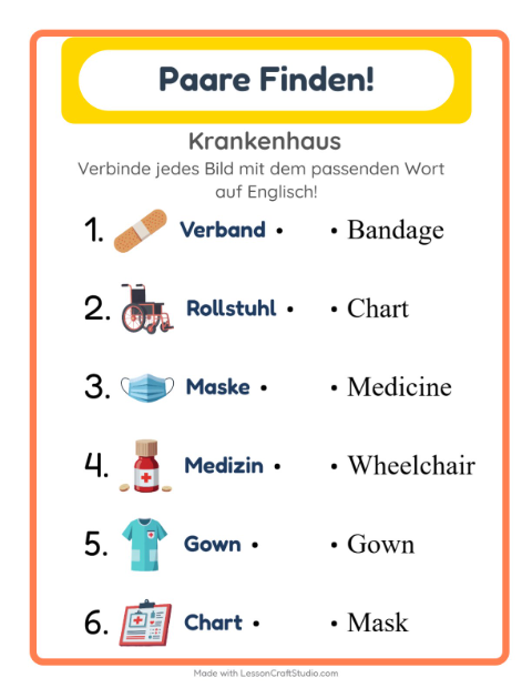 Englische Bild-Wort-Zuordnung – Krankenhaus